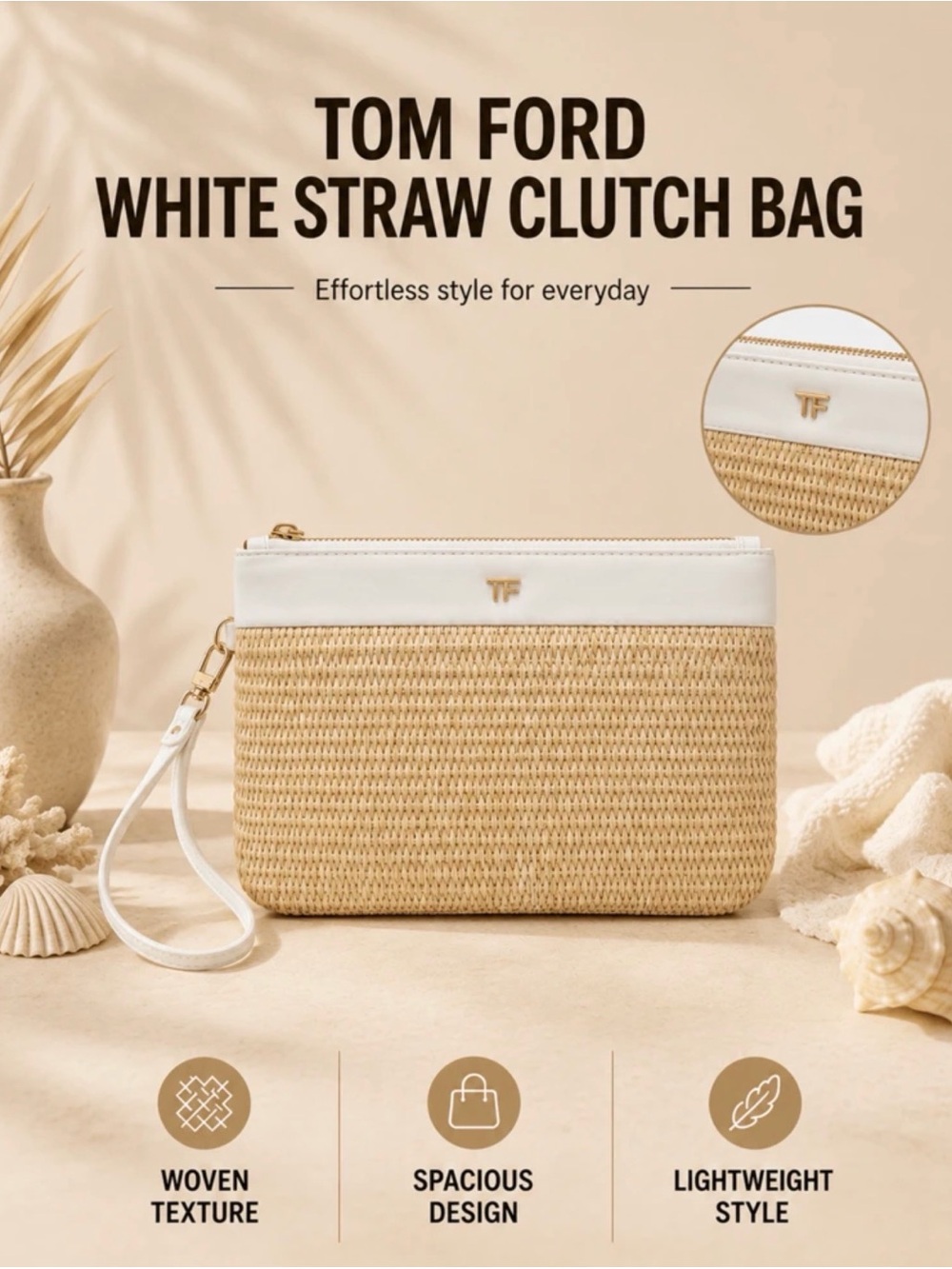 Tom Ford White and Natural Straw Wristlet Clutch - Picture 2 of 6